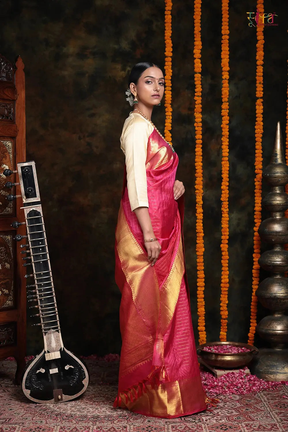 Handloom Hot Pink Kanchipattu With Gold Zari Checks