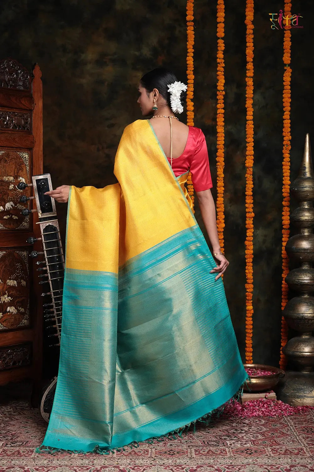 Tuscany Yellow Handloom Kanchipattu Saree With Blue Green Gold Zari Pallu