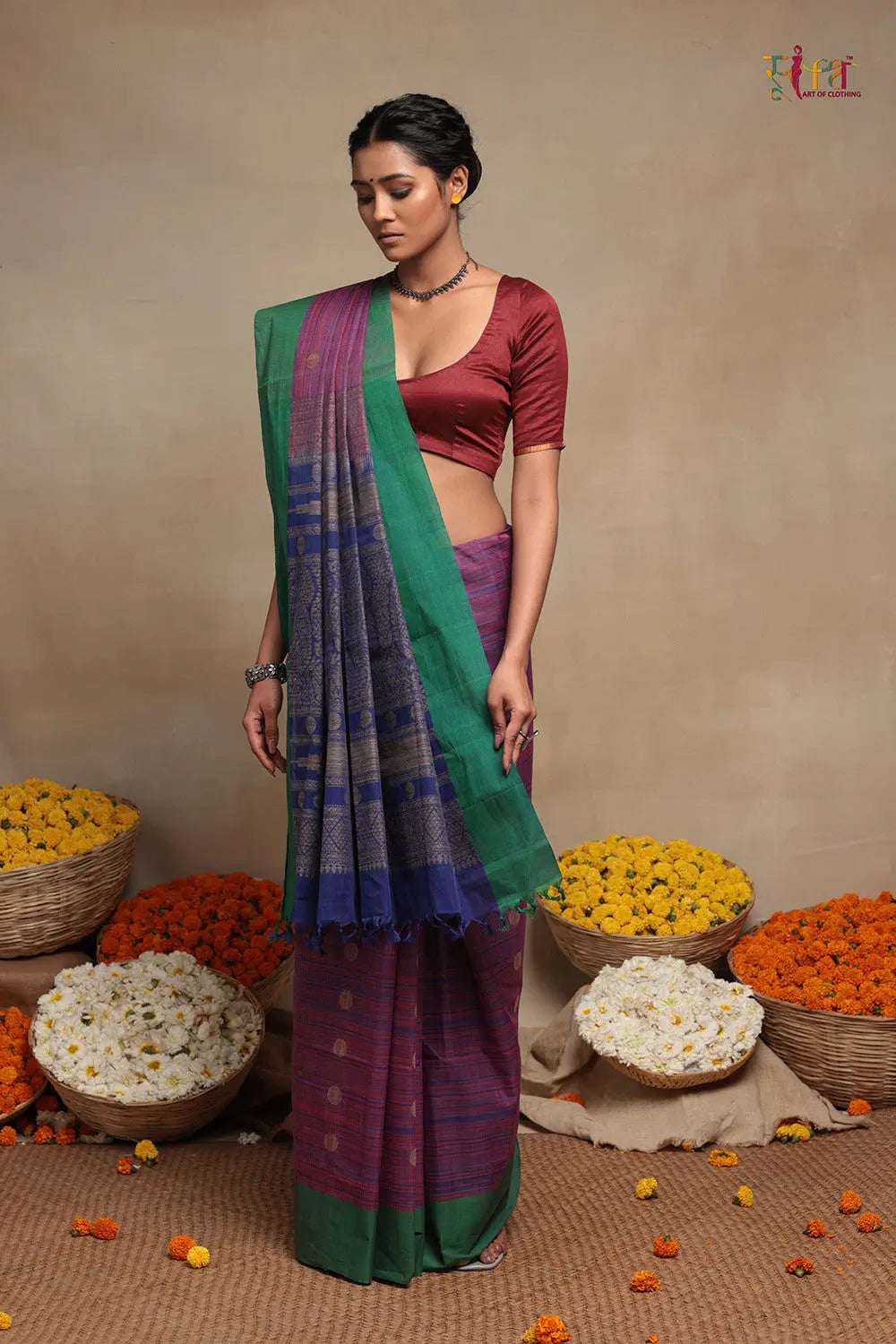 Blue And Pink Pure Cotton Handloom Kanchi Saree