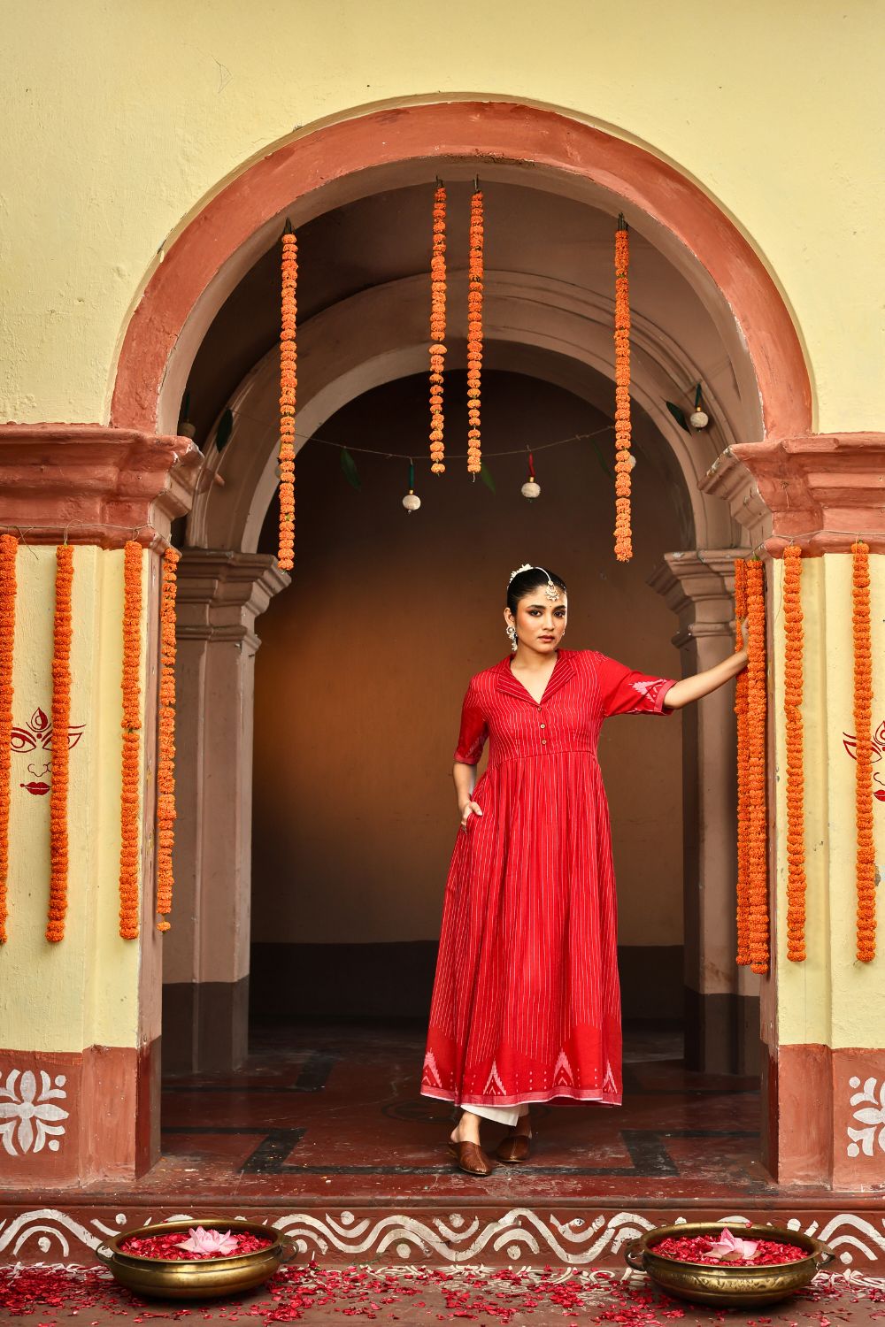 Red and White Temple Jamdani Pujo Kurta Set