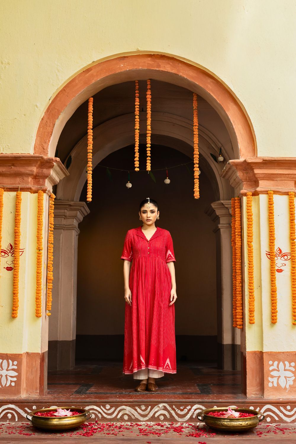 Red and White Temple Jamdani Pujo Kurta Set