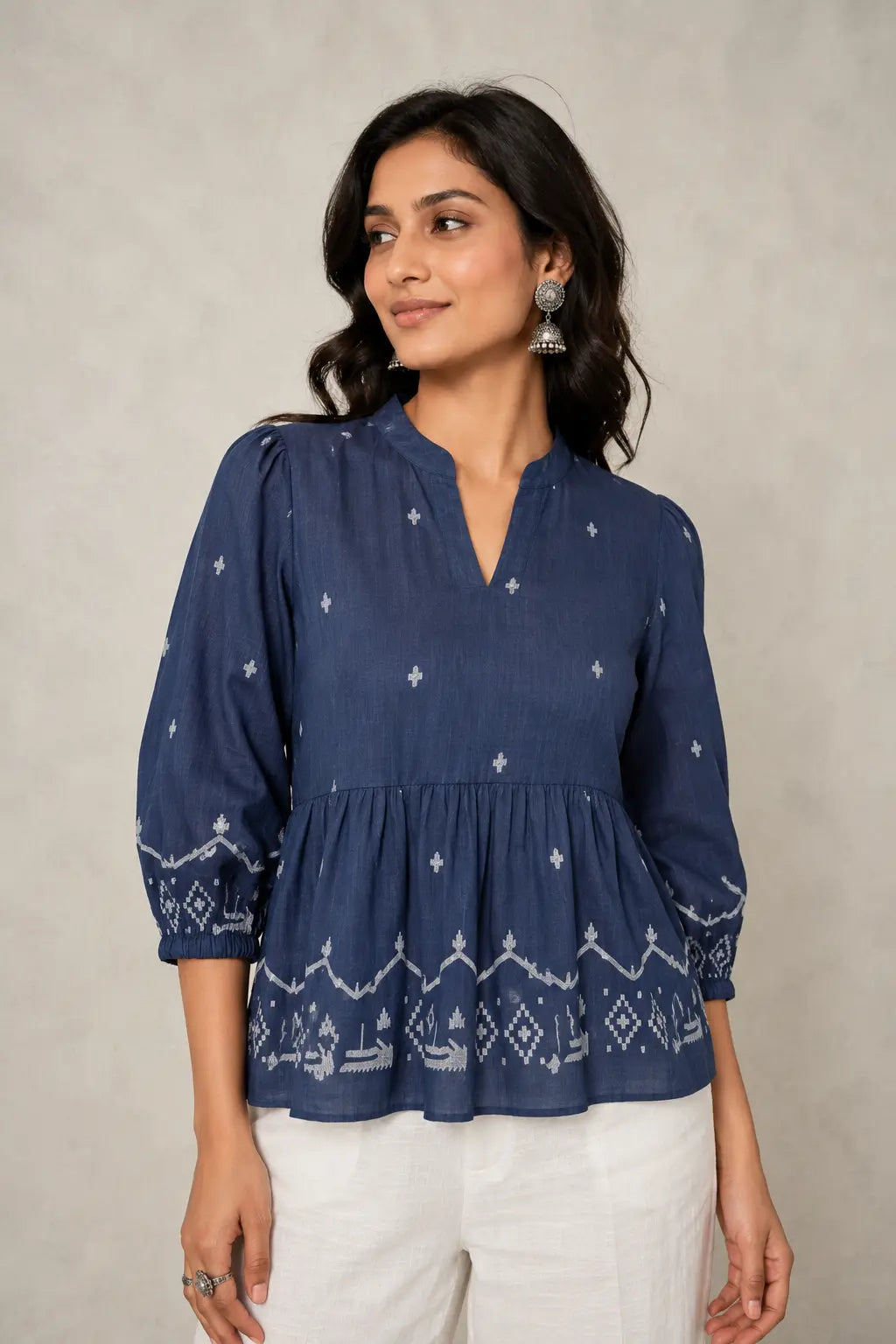 Handloom Indigo Jamdani Peplum Top