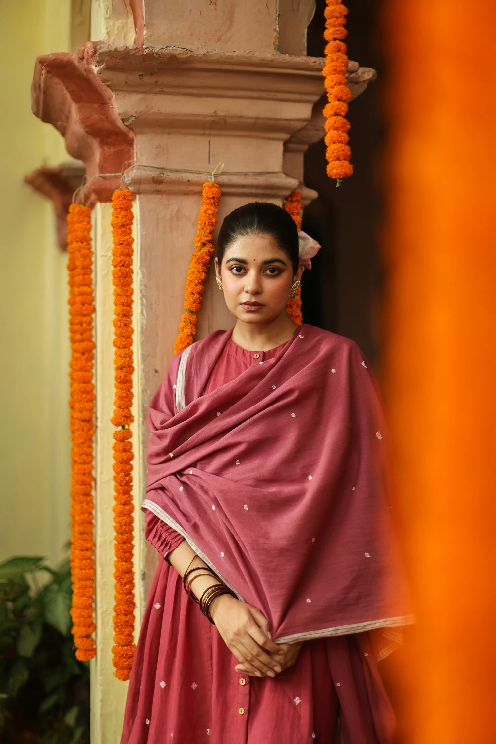 Handloom Pink Pure cotton Jamdani Kurta Set With Dupatta