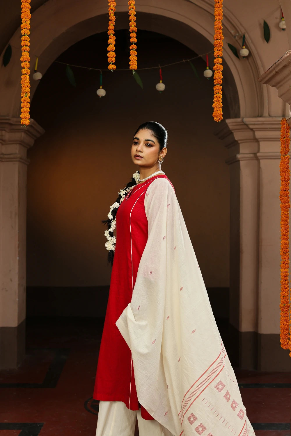 Red and White Jamdani Pujo Kurta Set With Dupatta