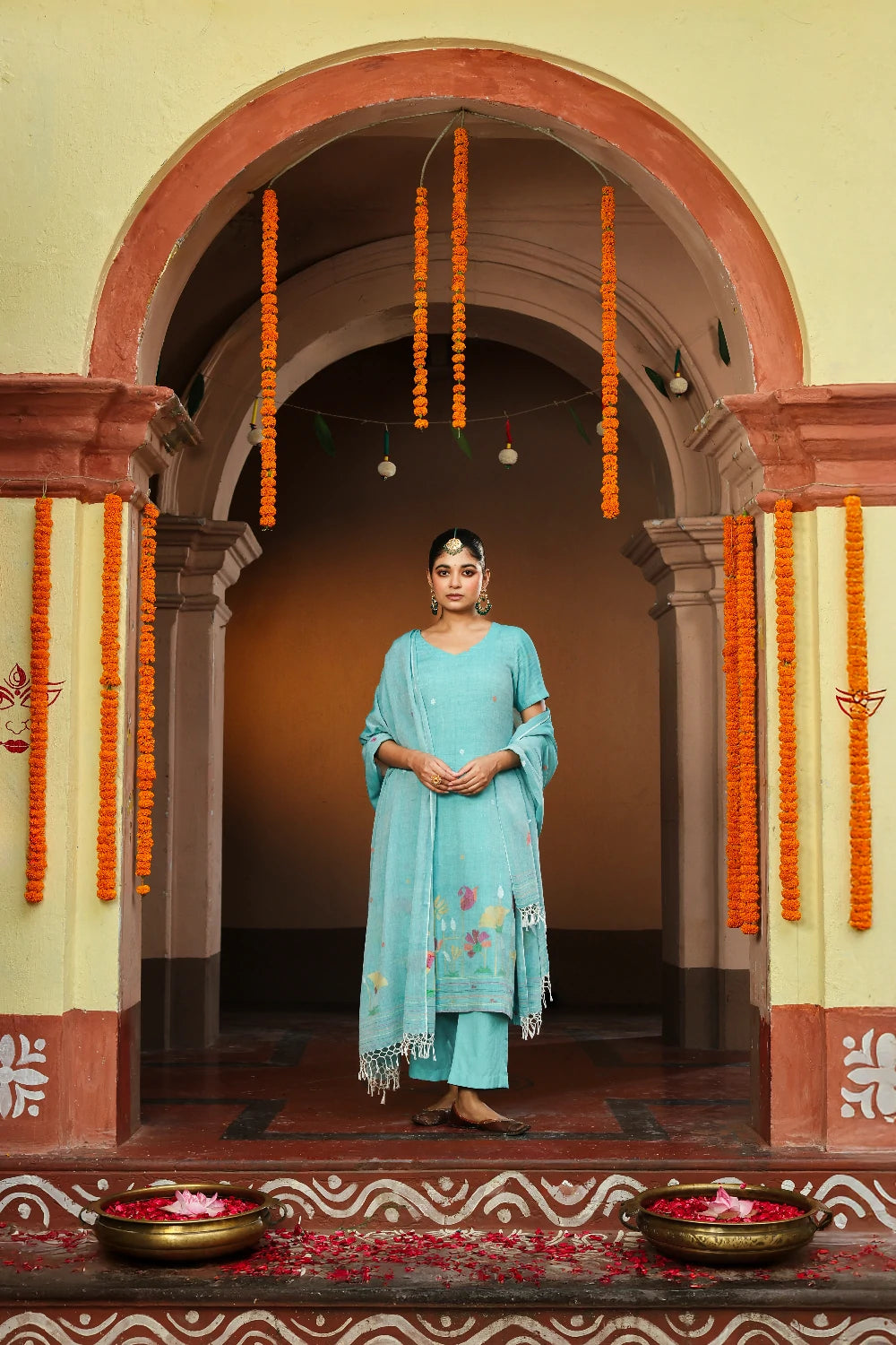 Handloom Green Pure cotton Jamdani Kurta Set With Dupatta