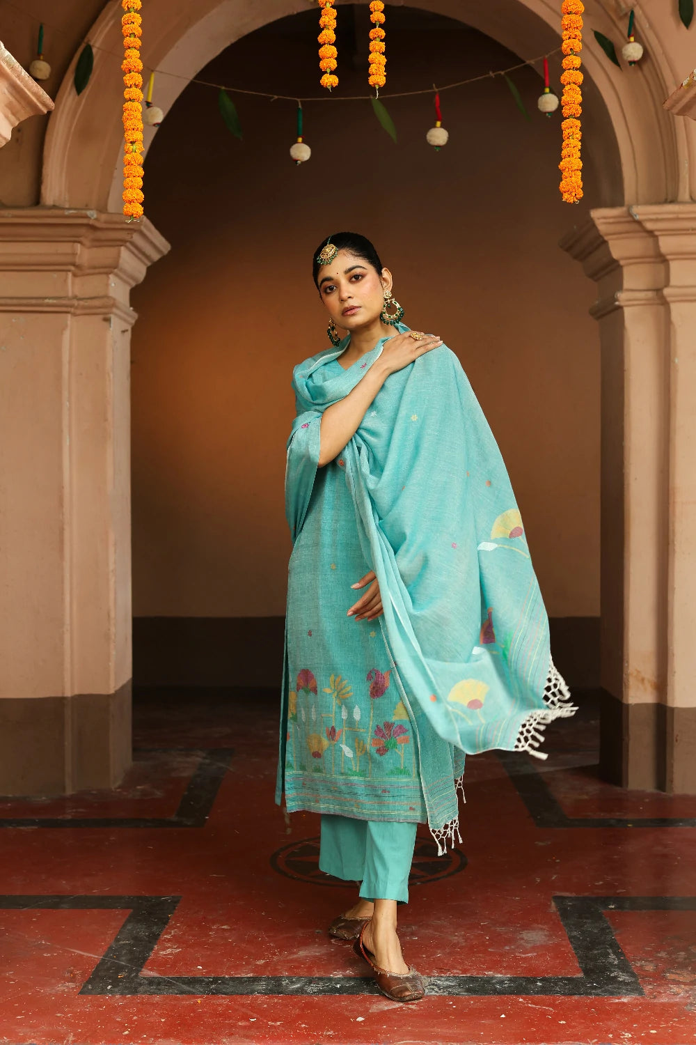 Handloom Green Pure cotton Jamdani Kurta Set With Dupatta