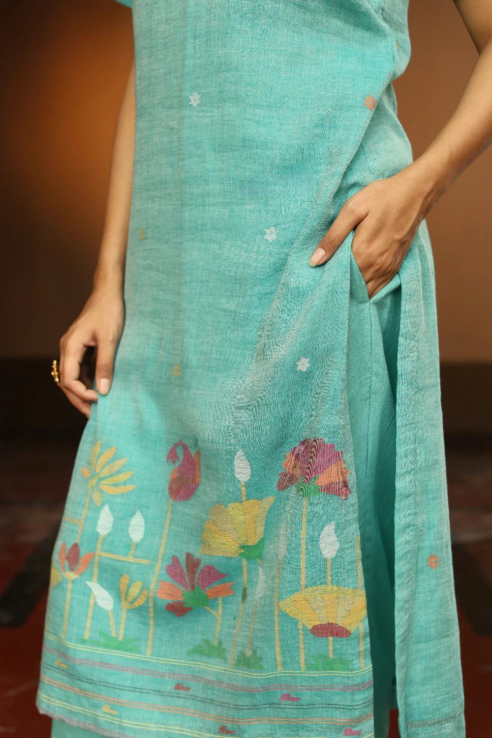 Handloom Green Pure cotton Jamdani Kurta Set With Dupatta