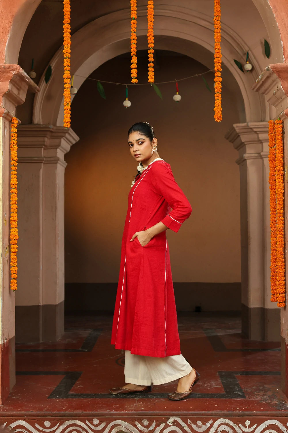 Red and White Jamdani Pujo Kurta Set With Dupatta