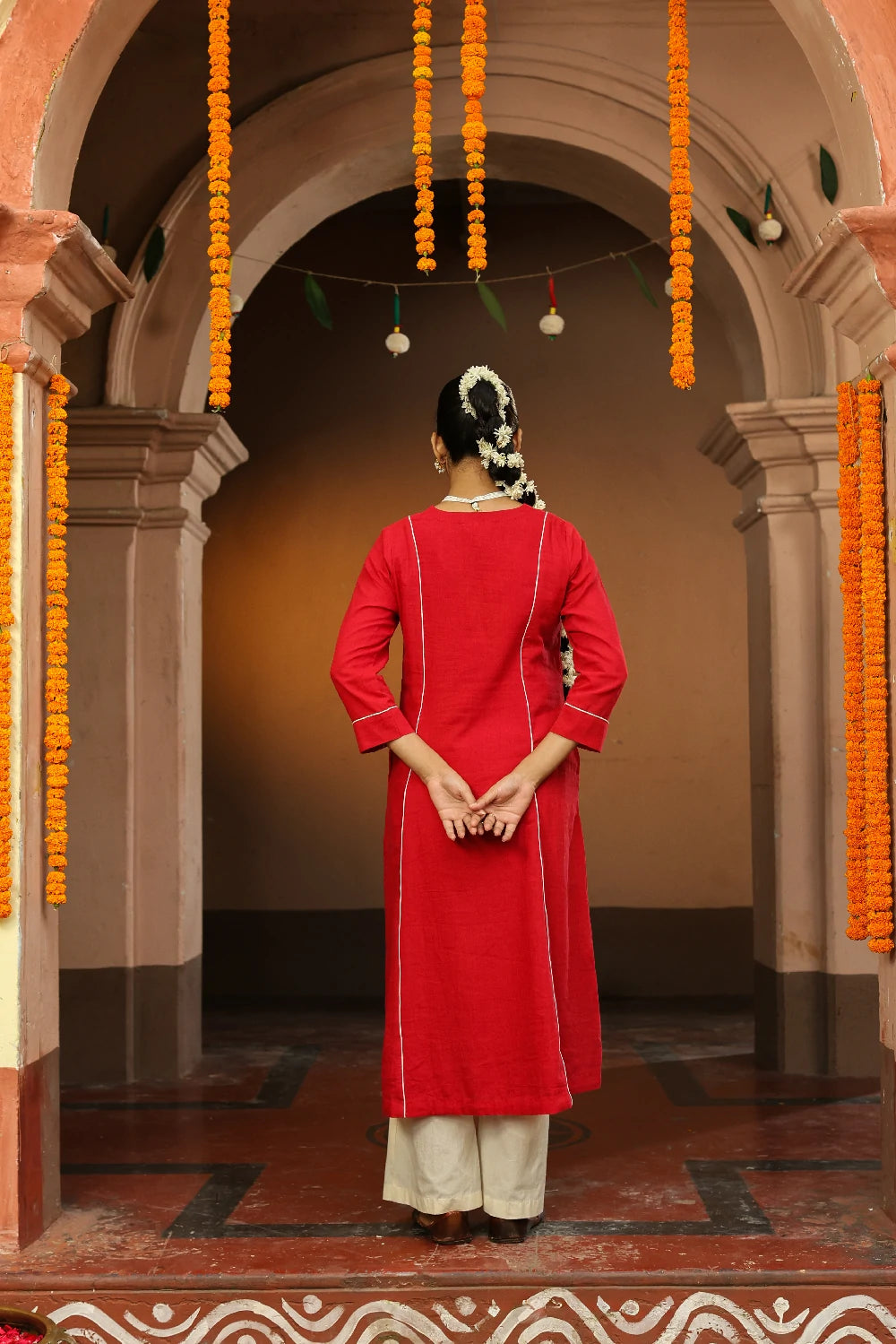 Red and White Jamdani Pujo Kurta Set With Dupatta