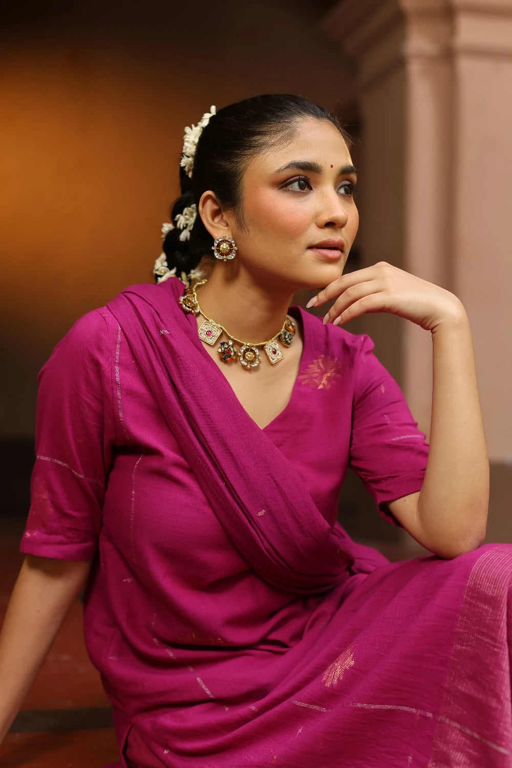 Handloom Rani Pink Pure cotton Zari Jamdani Kurta Set With Dupatta