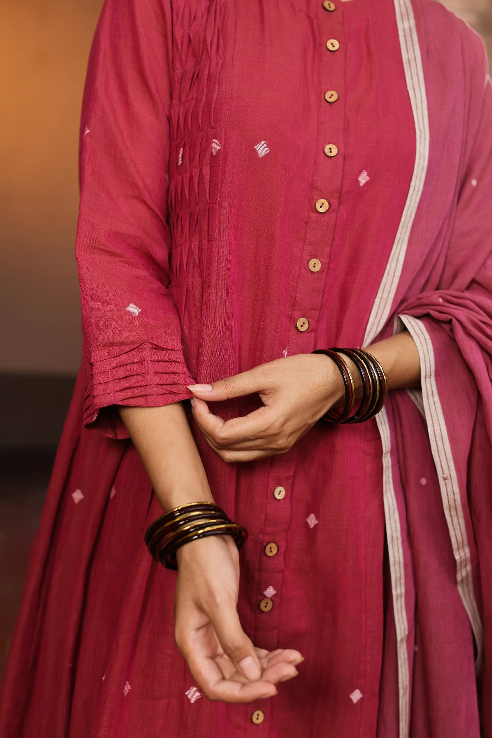 Handloom Pink Pure cotton Jamdani Kurta Set With Dupatta
