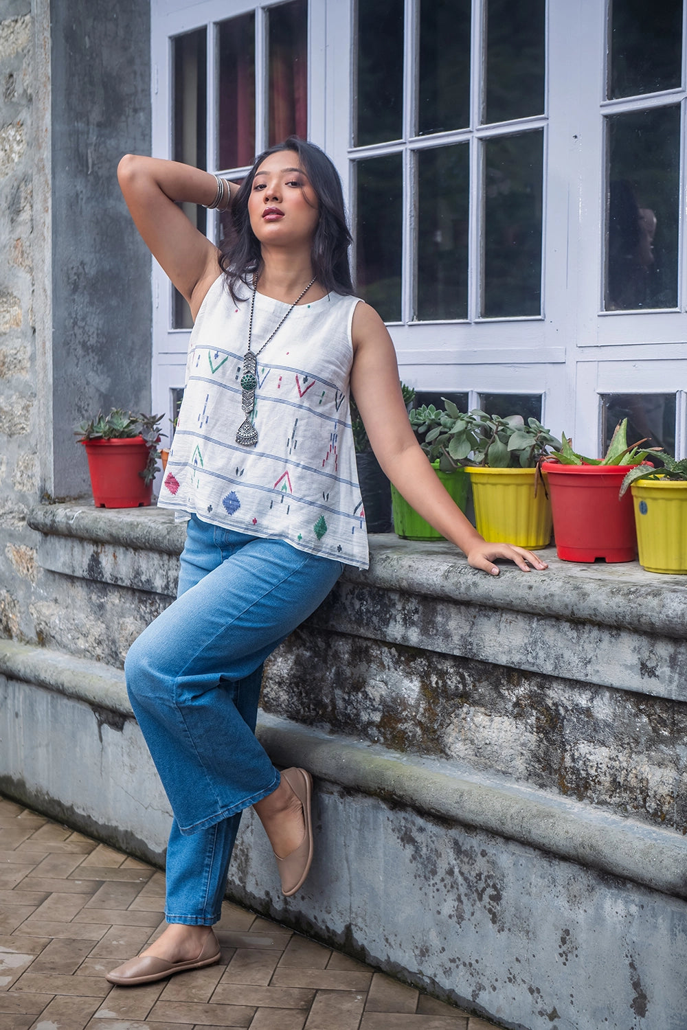 White Mist Cotton Jamdani Top