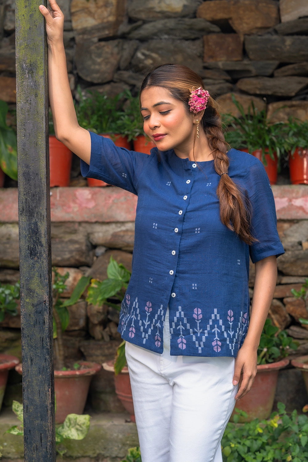Ocean Blue Cotton Jamdani Top