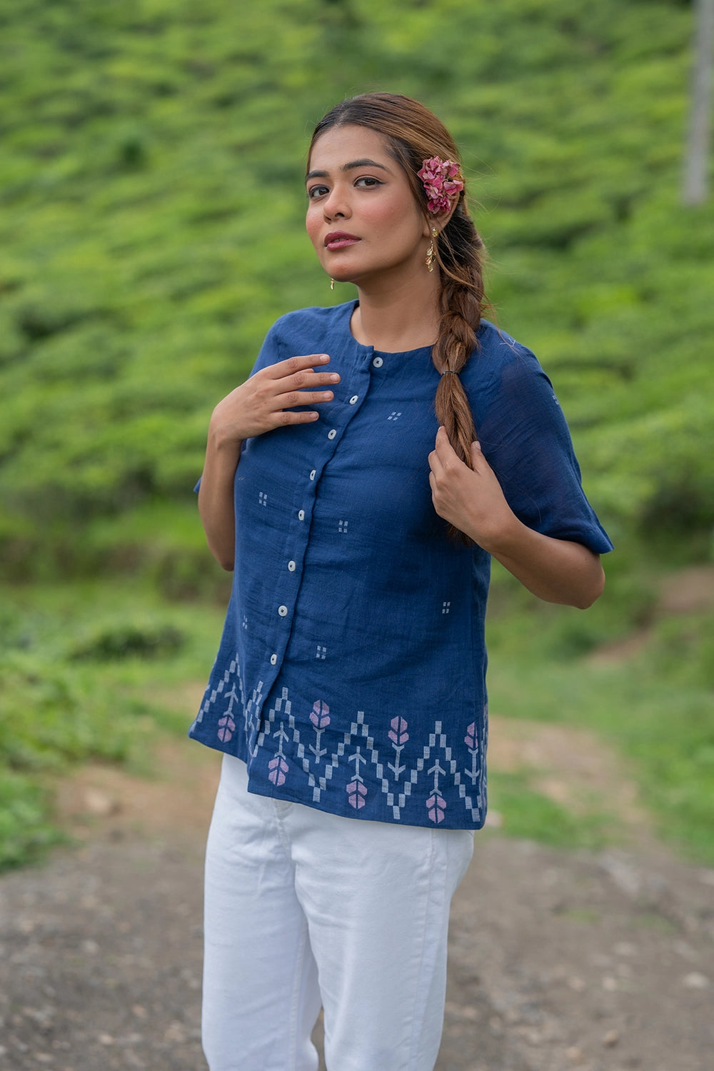 Ocean Blue Cotton Jamdani Top