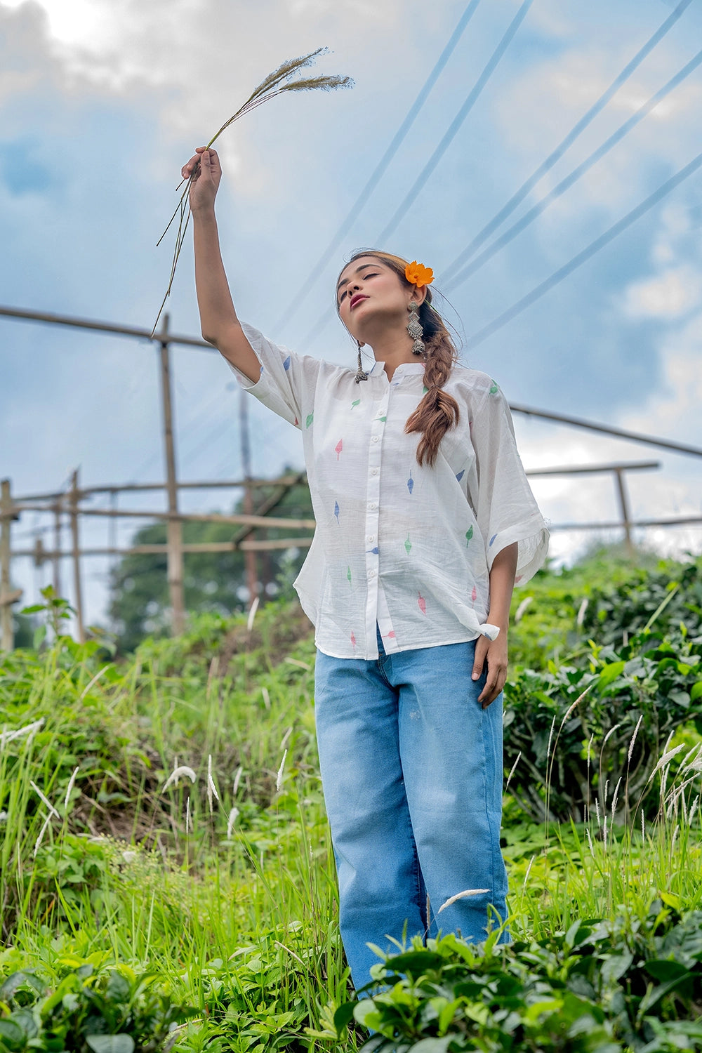 White Leaf Cotton Jamdani Shirt