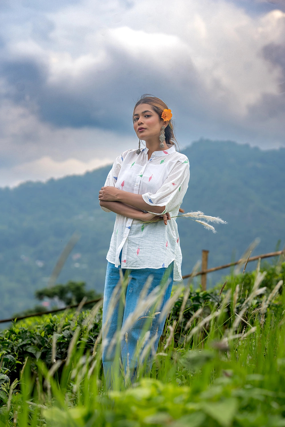 White Leaf Cotton Jamdani Shirt