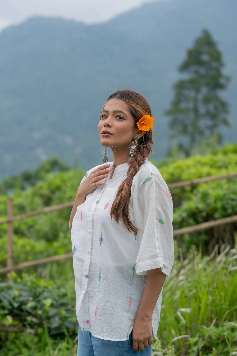 White Leaf Cotton Jamdani Shirt