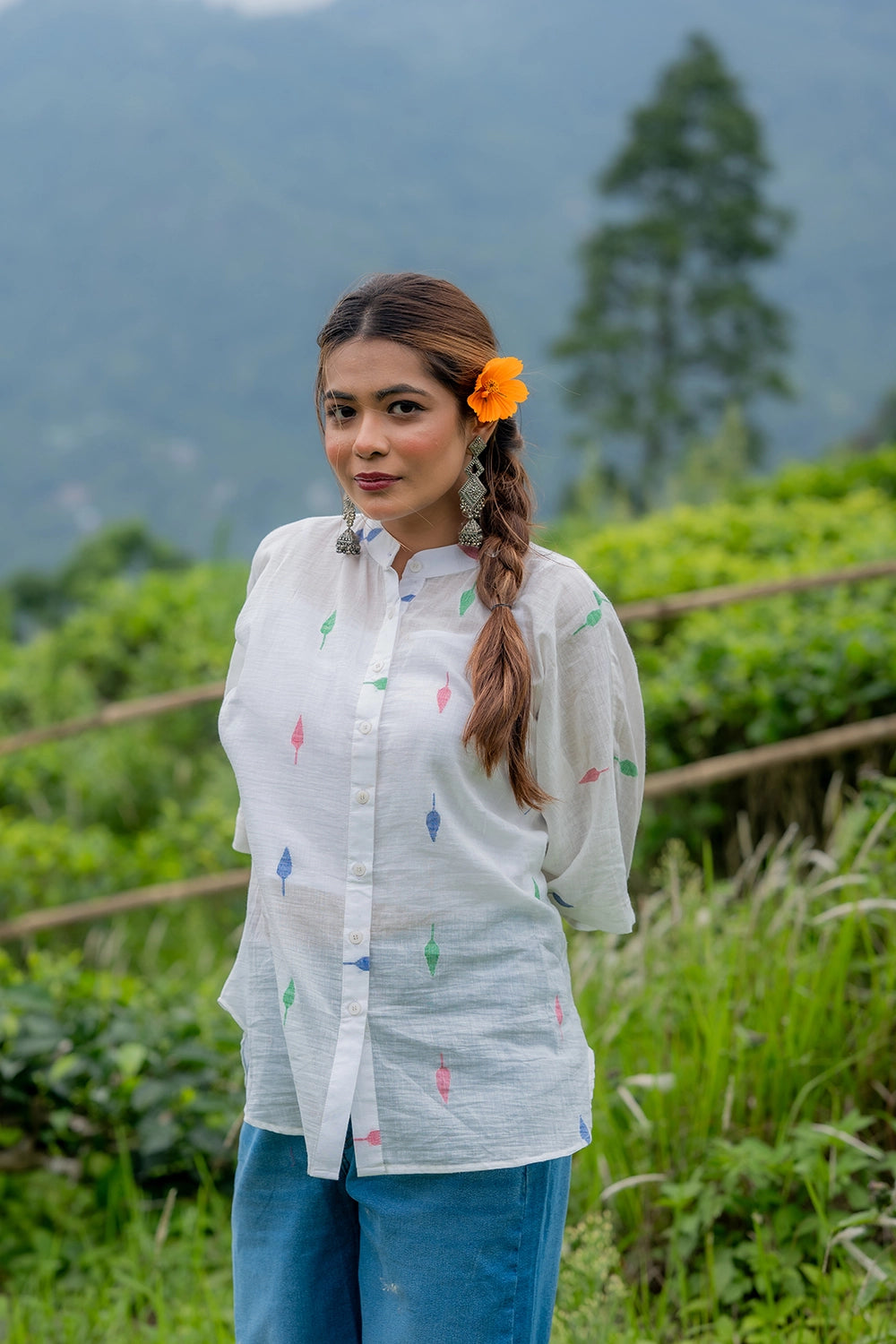 White Leaf Cotton Jamdani Shirt