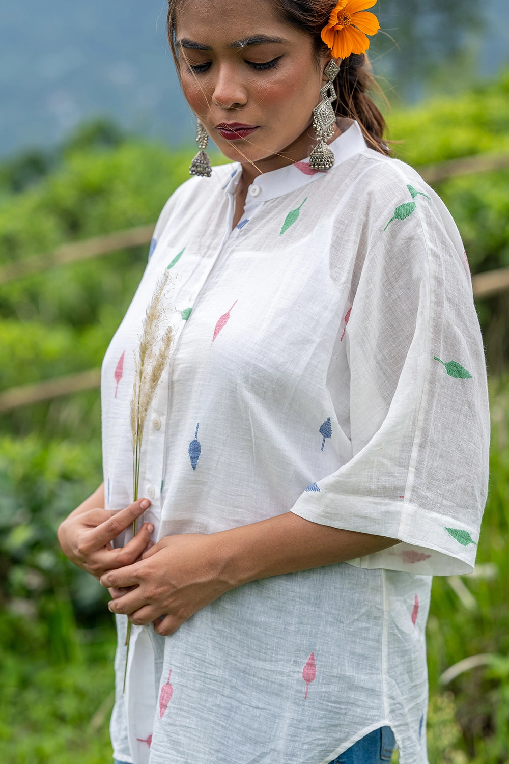 White Leaf Cotton Jamdani Shirt