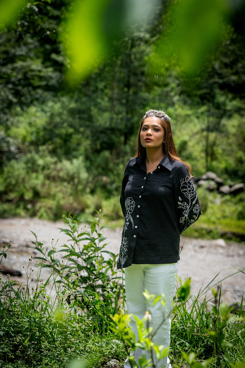 Black & White Cotton Embriodered Shirt