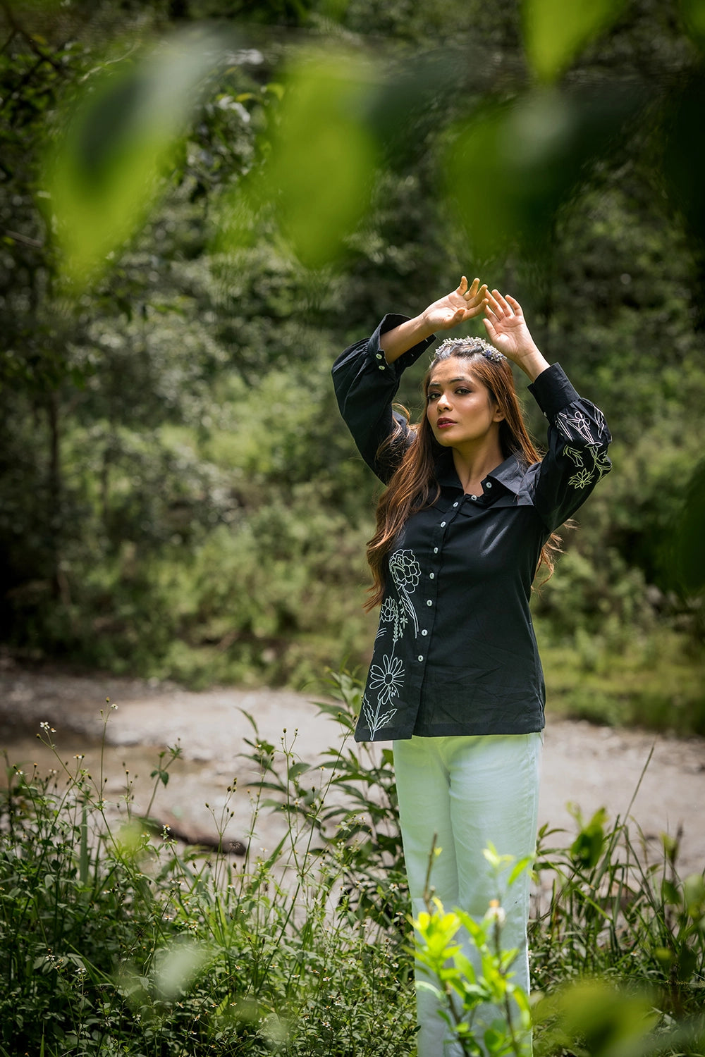 Black & White Cotton Embriodered Shirt
