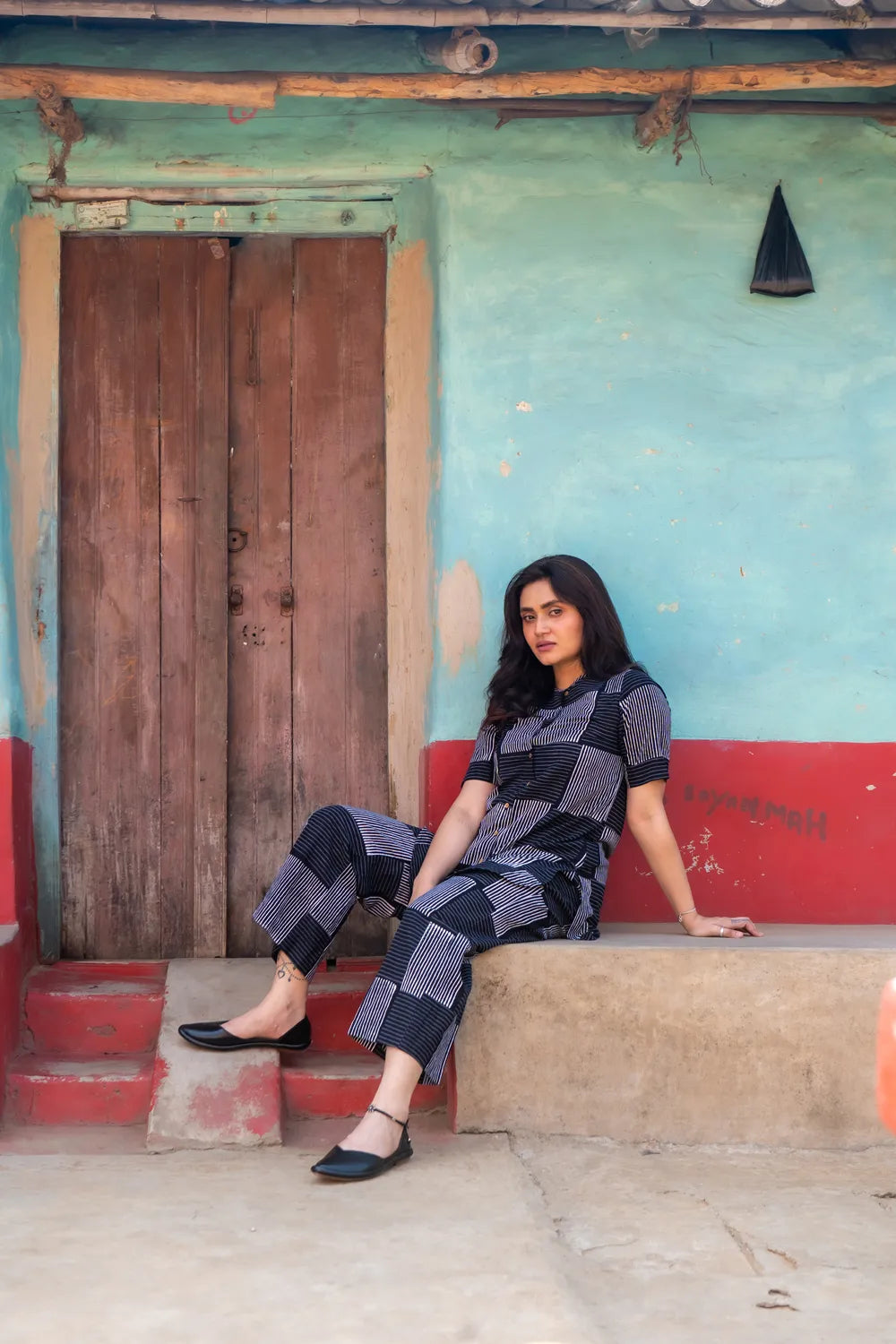 Black Check Stripes Pure Cotton Hand Block Print Co-ord Set