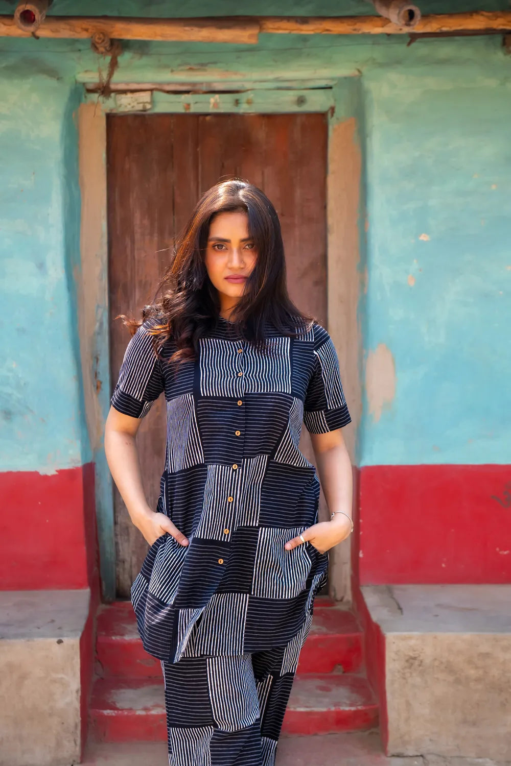 Black Check Stripes Pure Cotton Hand Block Print Co-ord Set