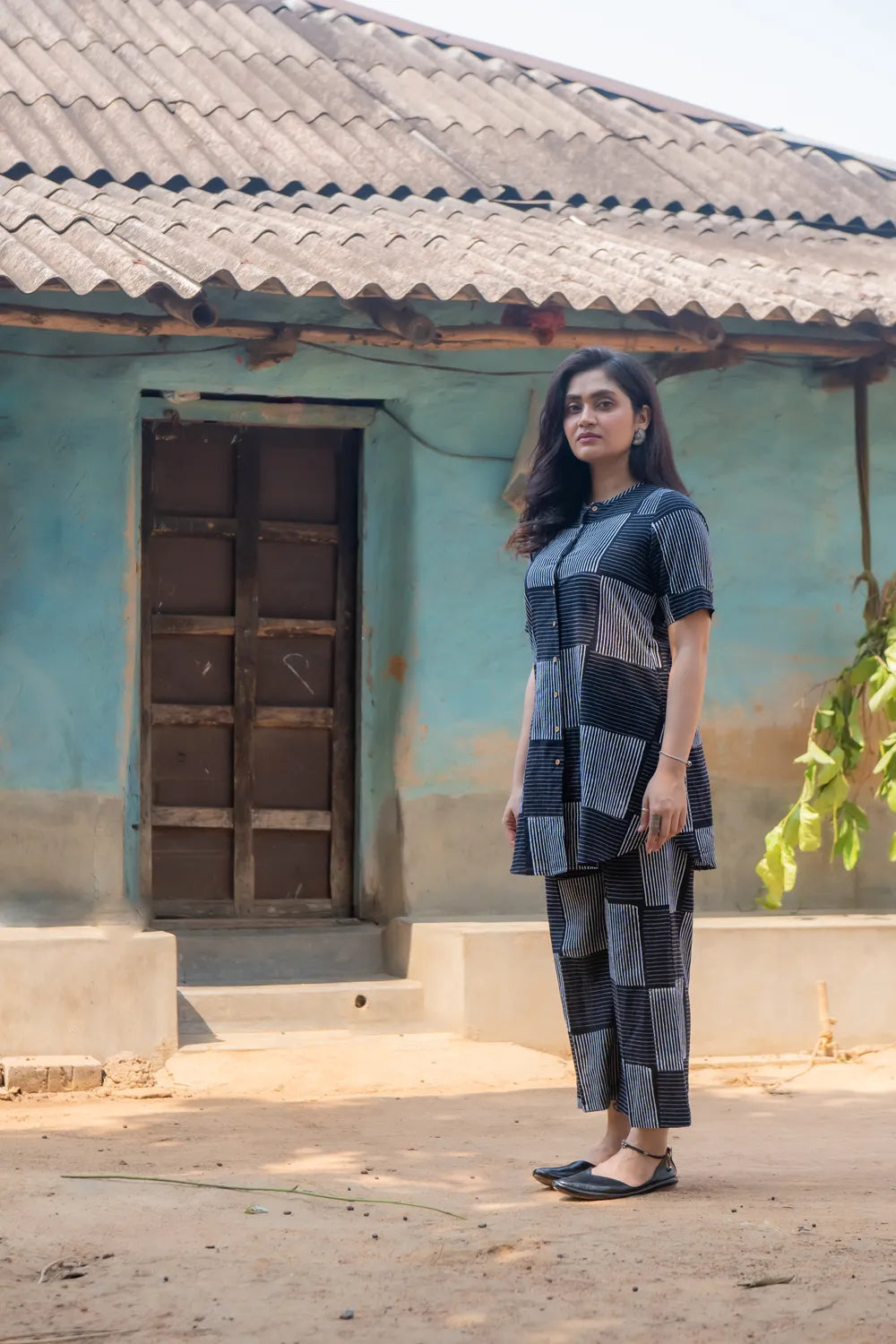 Black Check Stripes Pure Cotton Hand Block Print Co-ord Set