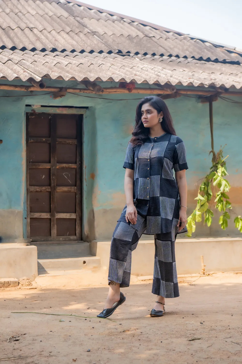 Black Check Stripes Pure Cotton Hand Block Print Co-ord Set
