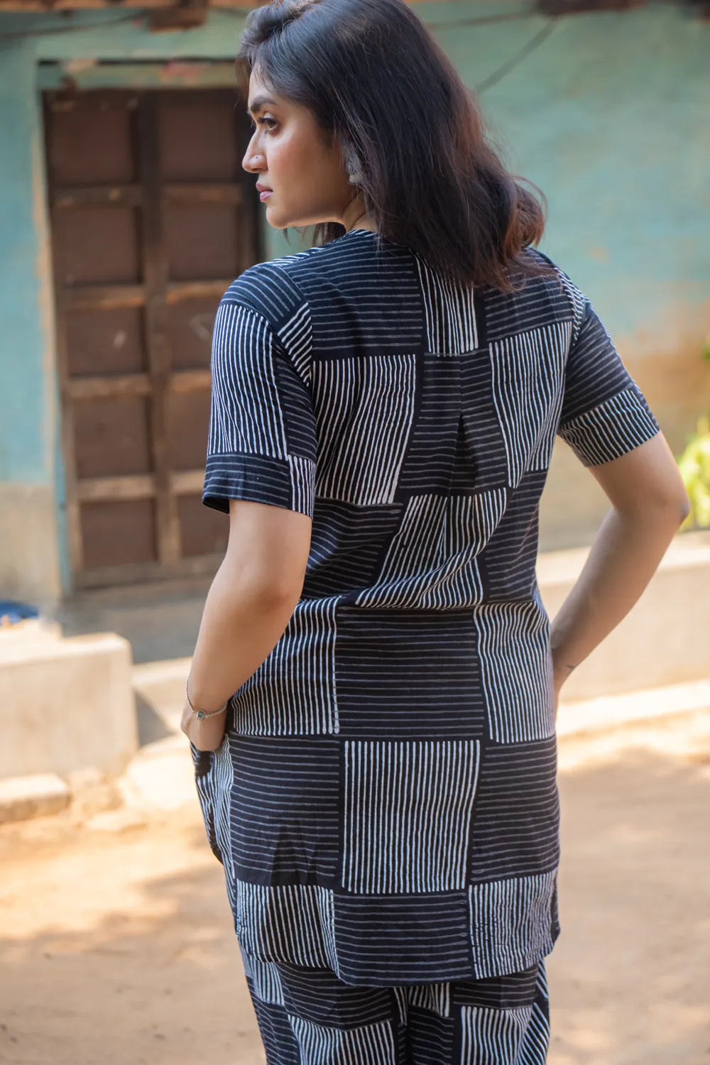 Black Check Stripes Pure Cotton Hand Block Print Co-ord Set