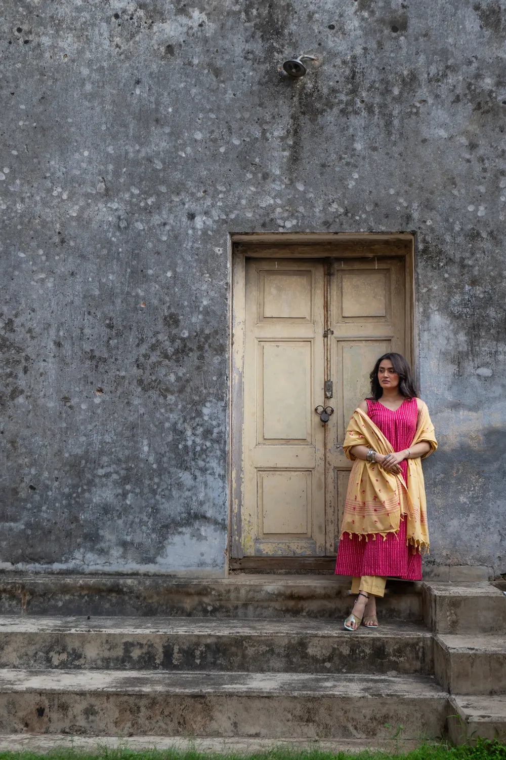 Pink Pure South Cotton Woven Kurta Set with Dupatta