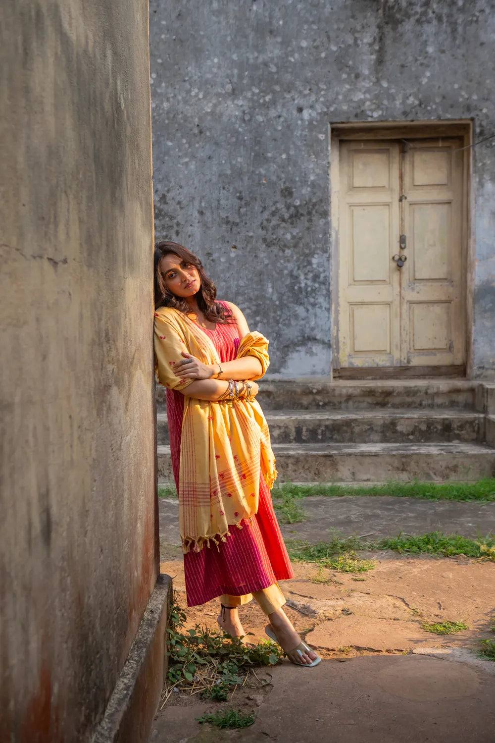 Pink Pure South Cotton Woven Kurta Set with Dupatta