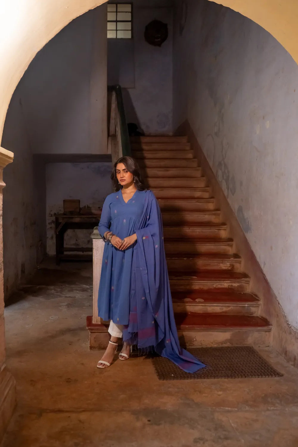 Blue Pure South Cotton Polka Woven Kurta Set with Dupatta