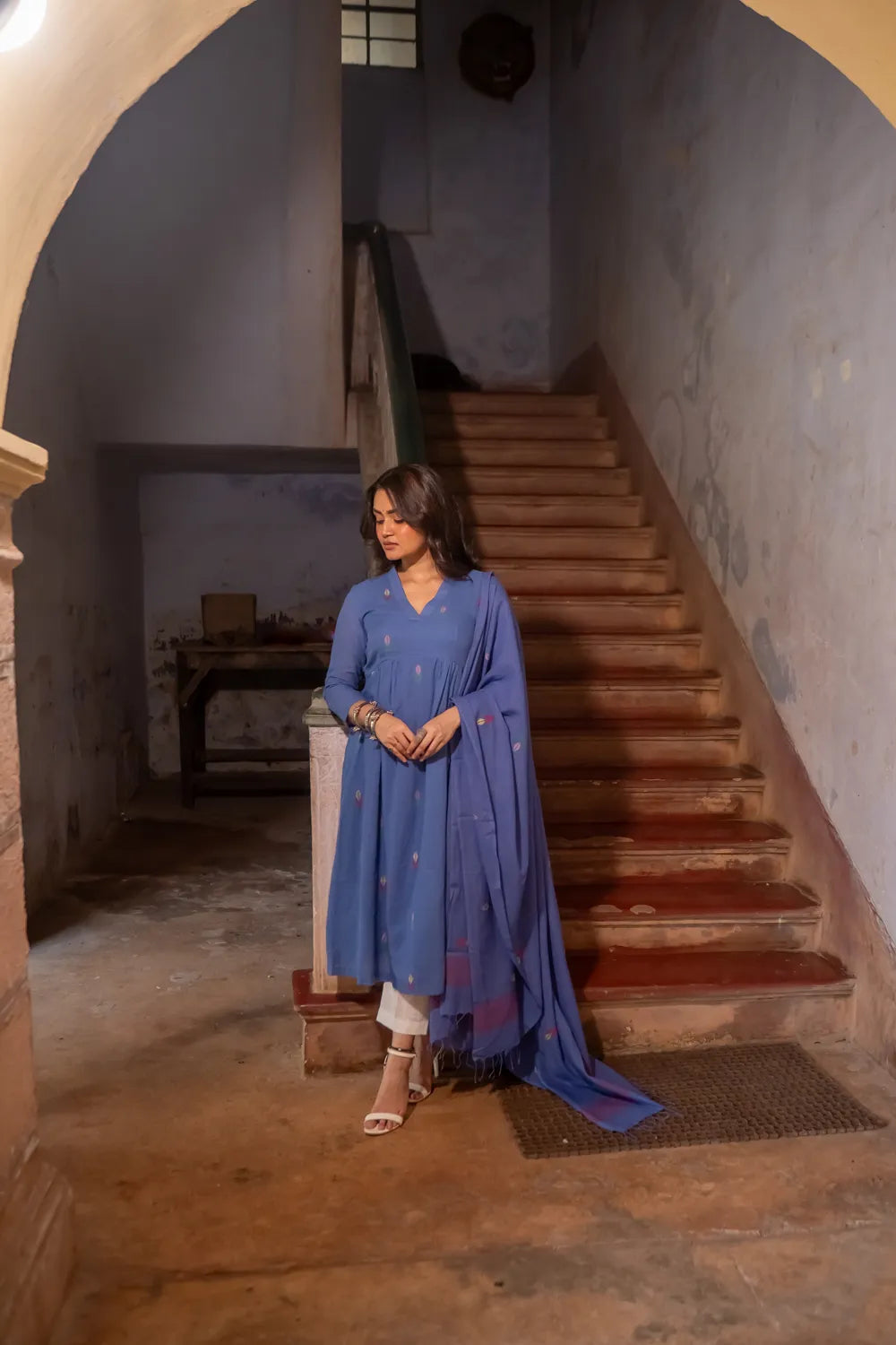 Blue Pure South Cotton Polka Woven Kurta Set with Dupatta