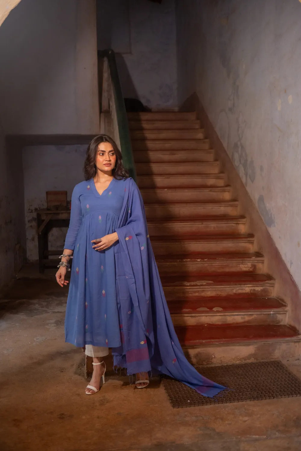 Handloom Sky Blue Pure Cotton Jamdani Kurta Set With Dupatta