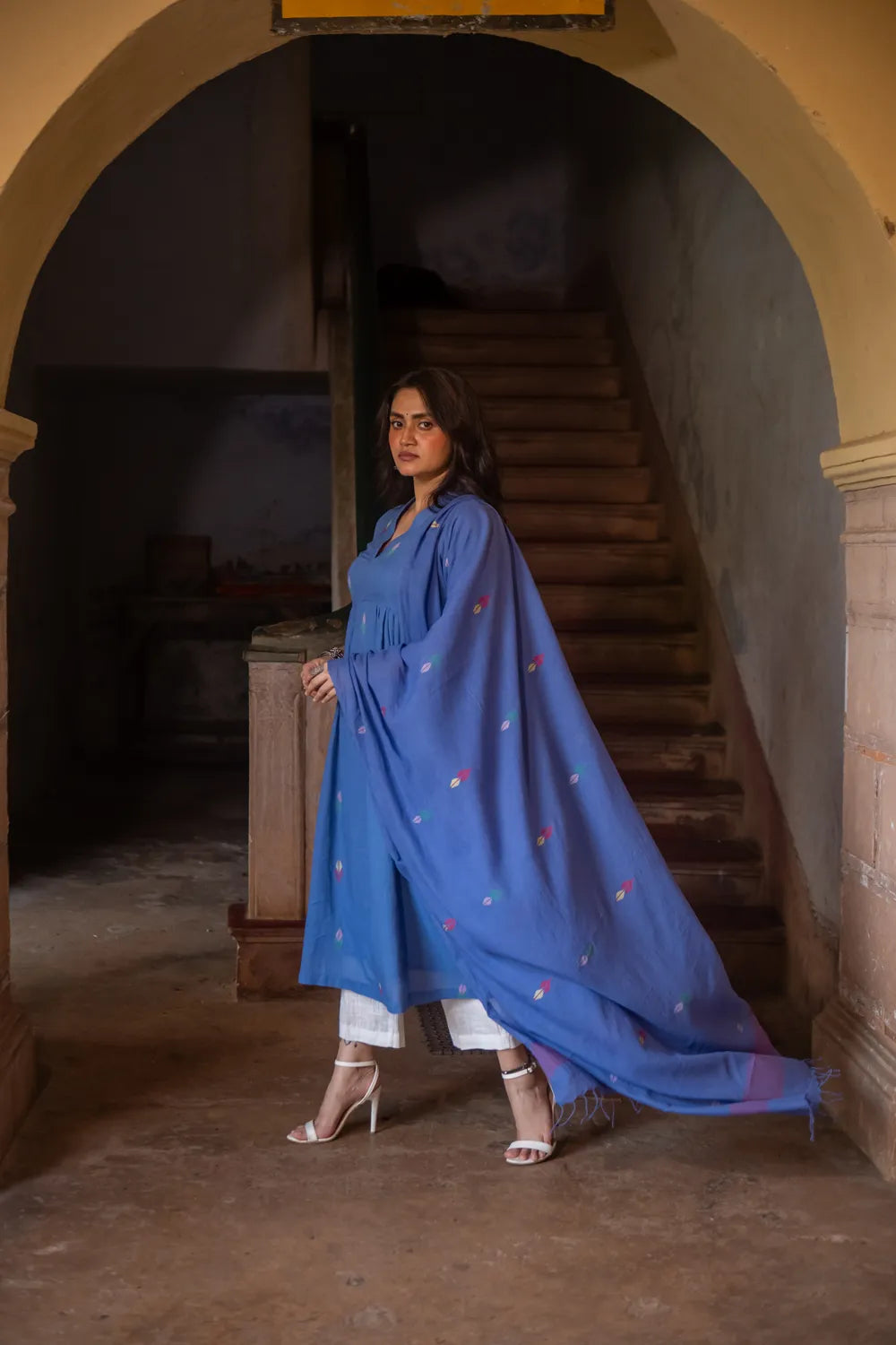 Handloom Sky Blue Pure Cotton Jamdani Kurta Set With Dupatta
