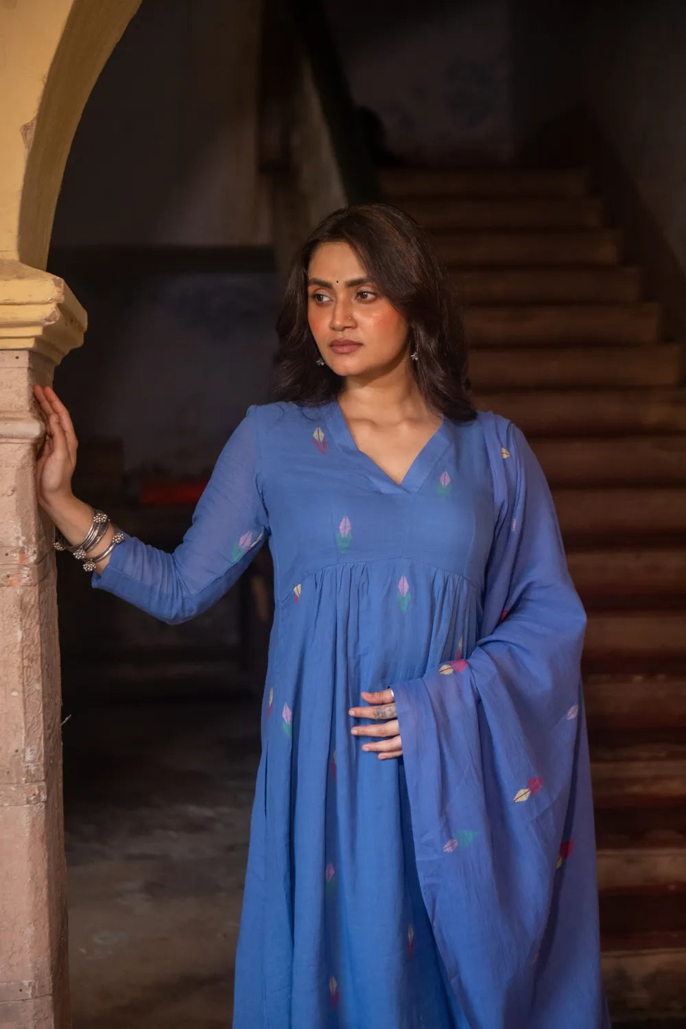 Handloom Sky Blue Pure Cotton Jamdani Kurta Set With Dupatta