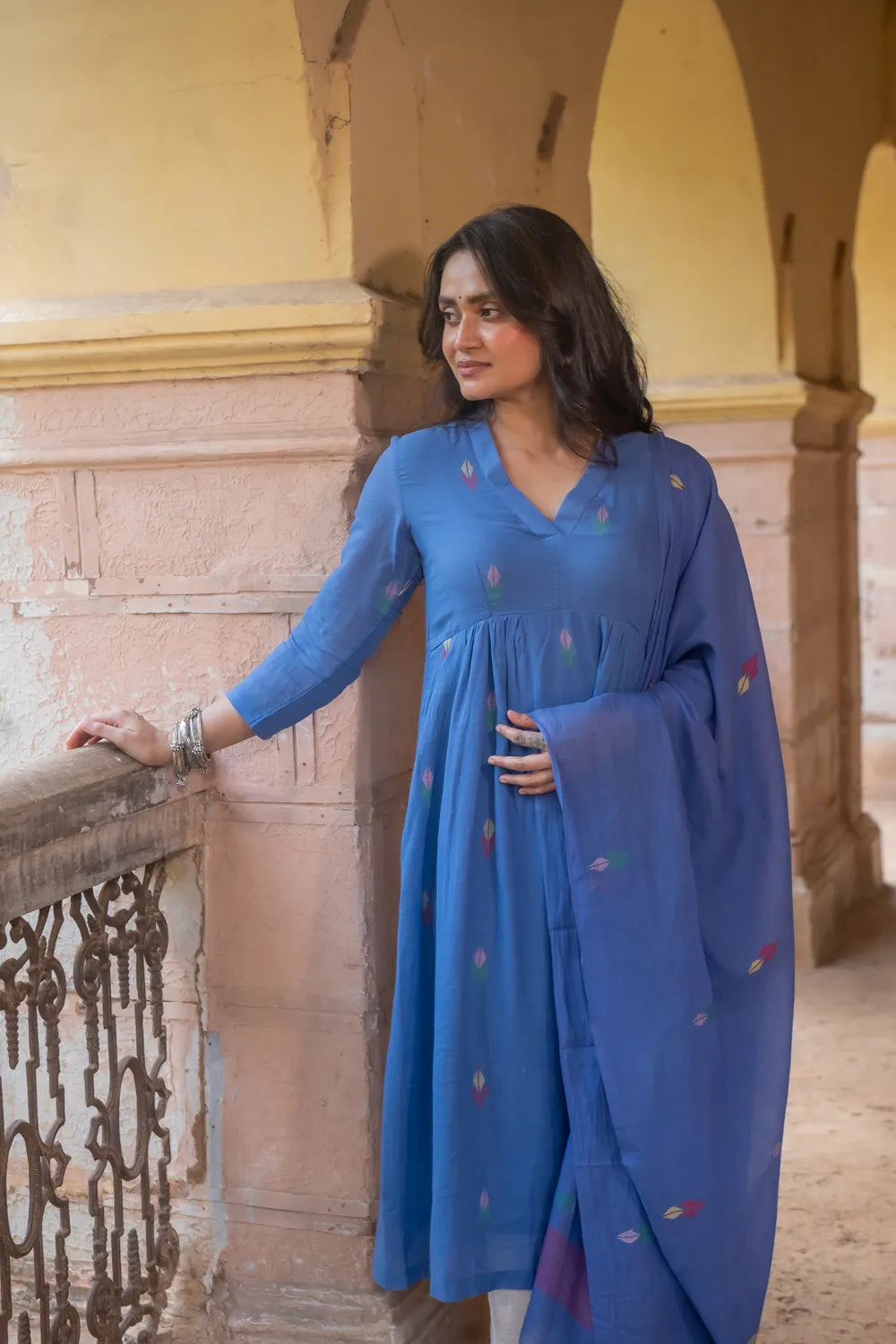 Handloom Sky Blue Pure Cotton Jamdani Kurta Set With Dupatta