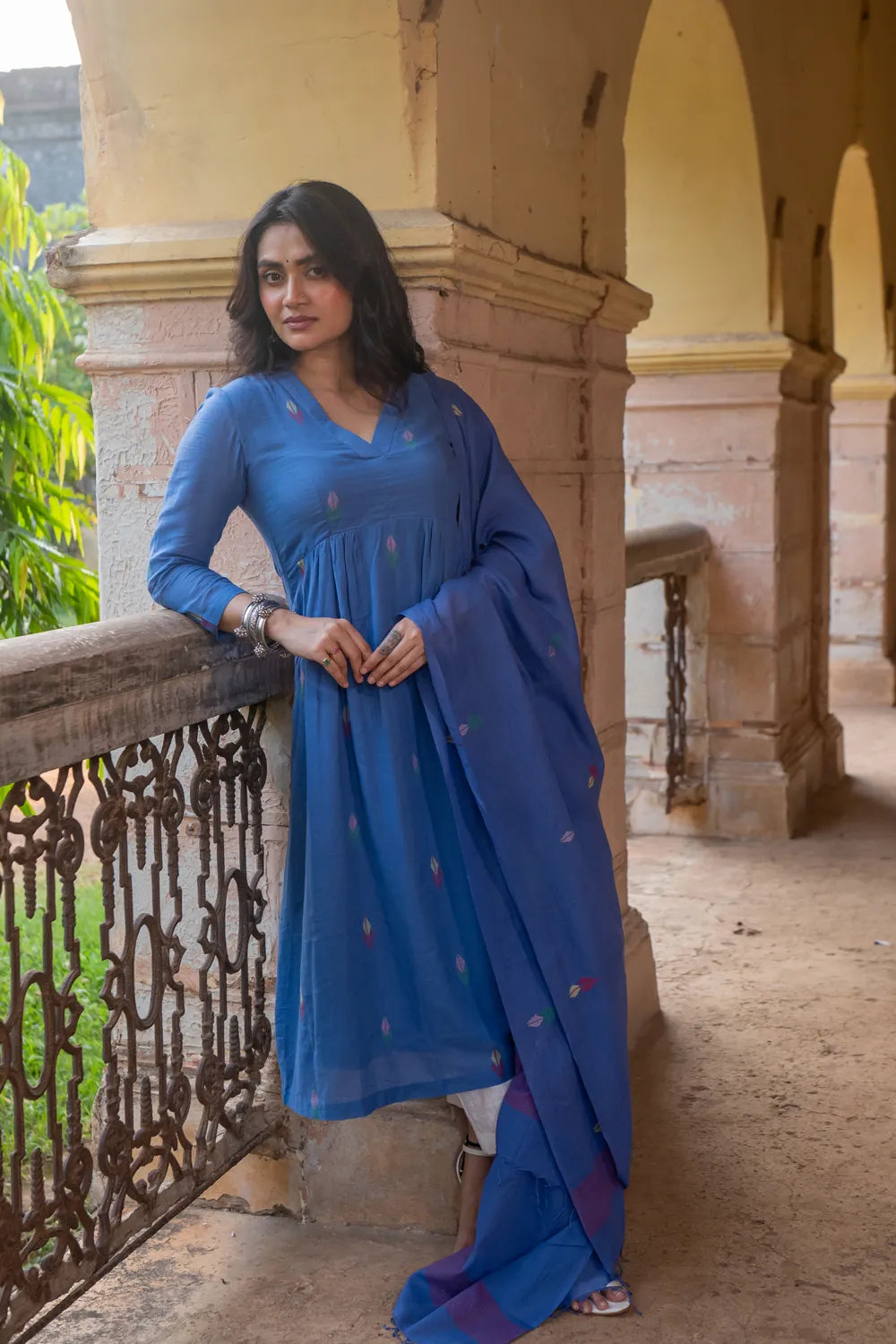 Handloom Sky Blue Pure Cotton Jamdani Kurta Set With Dupatta