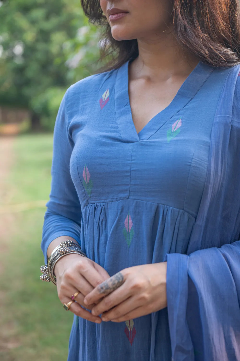 Handloom Sky Blue Pure Cotton Jamdani Kurta Set With Dupatta