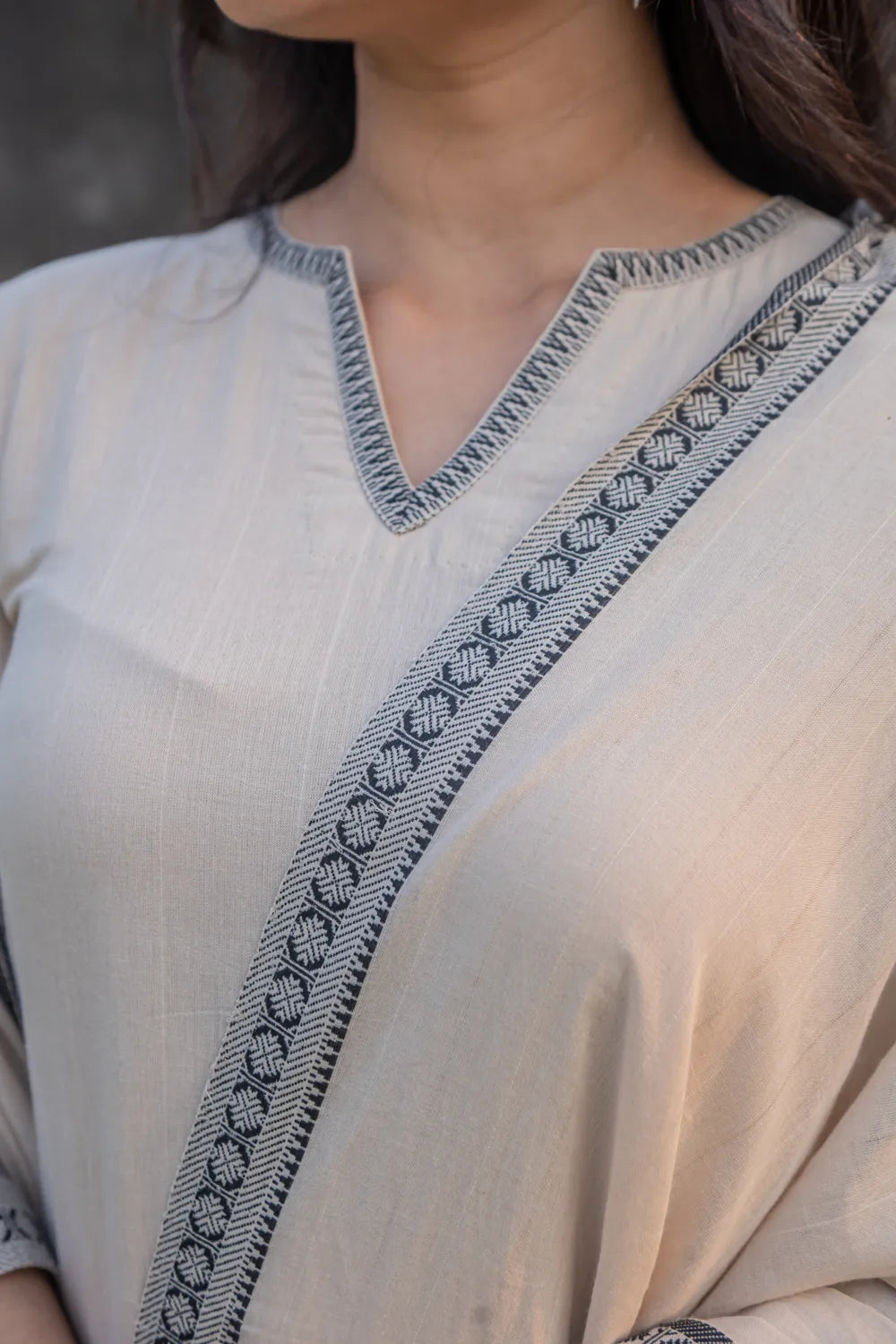 Beige & Black Pure South Cotton Woven Kurta Set with Dupatta