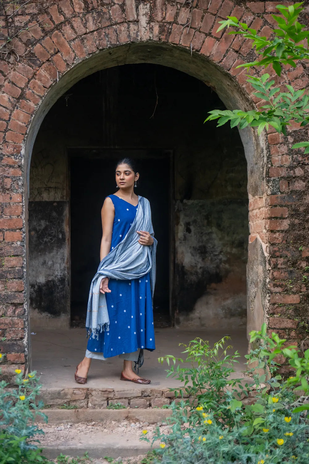 Blue Pure South Cotton Polka Woven Kurta Set with Dupatta