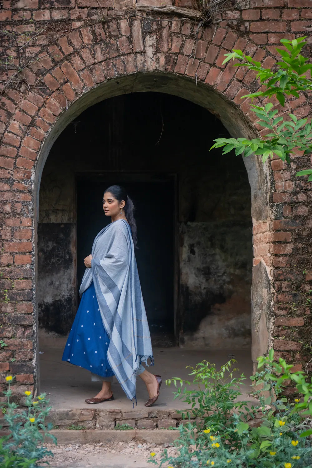 Blue Pure South Cotton Polka Woven Kurta Set with Dupatta