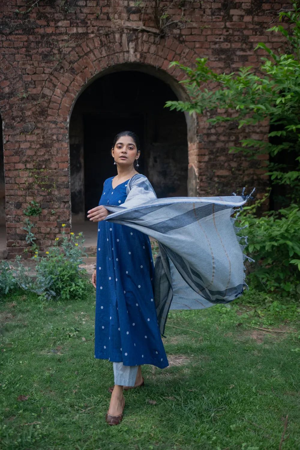 Blue Pure South Cotton Polka Woven Kurta Set with Dupatta