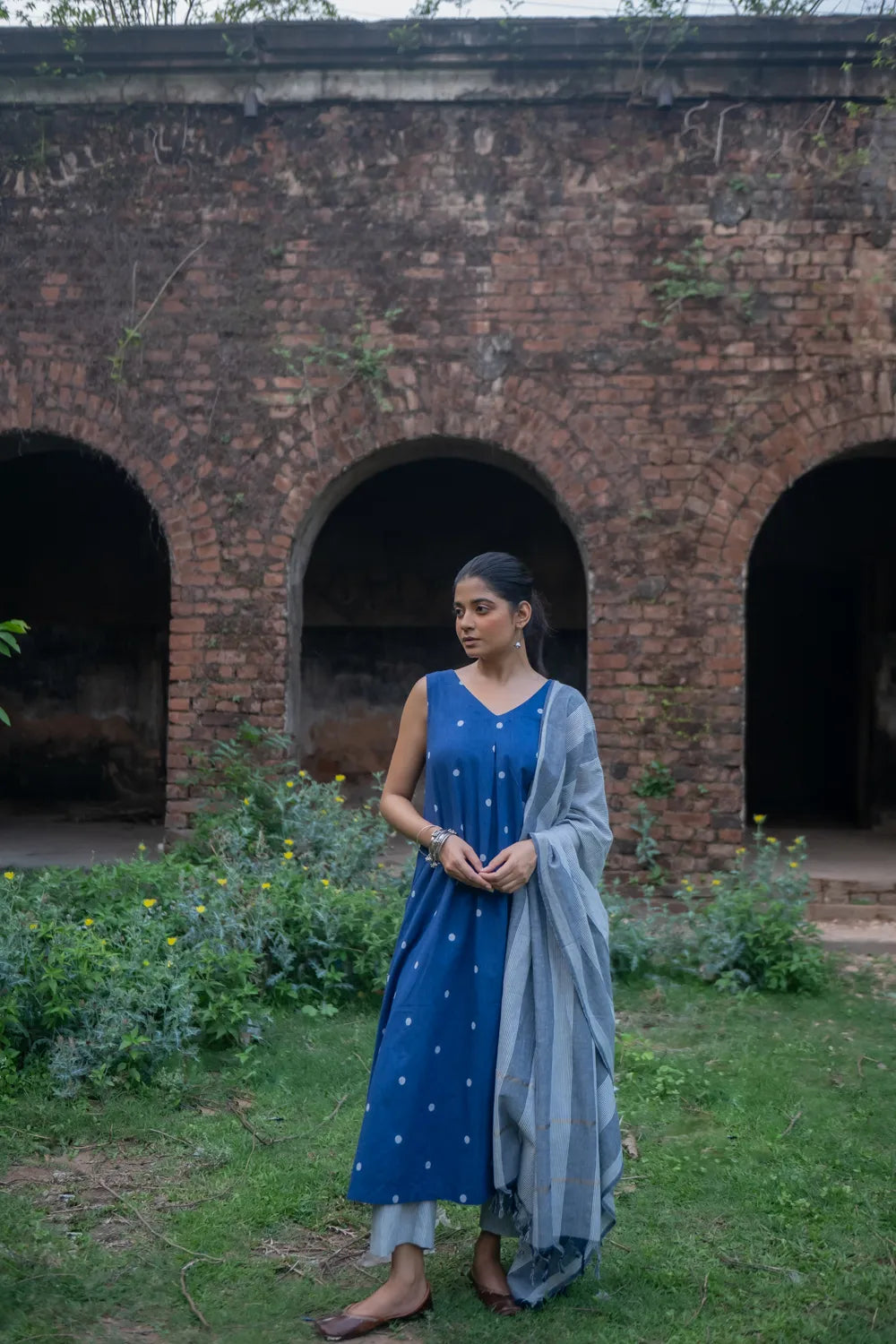 Blue Pure South Cotton Polka Woven Kurta Set with Dupatta