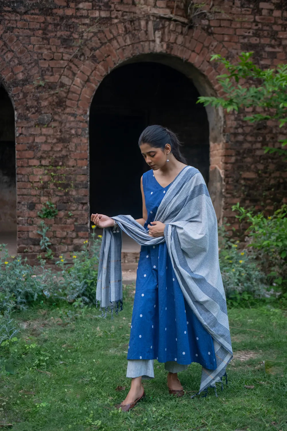 Blue Pure South Cotton Polka Woven Kurta Set with Dupatta