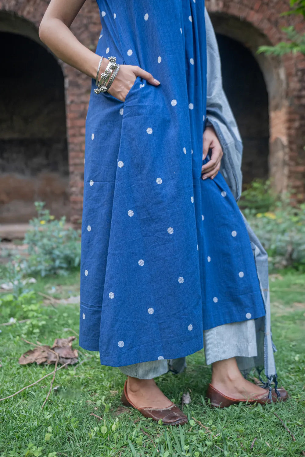 Blue Pure South Cotton Polka Woven Kurta Set with Dupatta