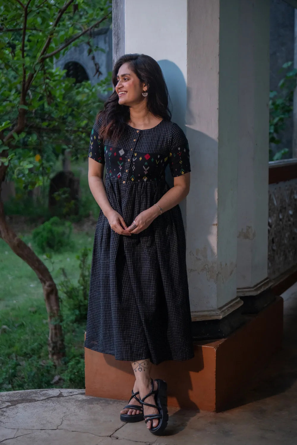 Checkmate Handwoven Pure Cotton Jamdani Dress