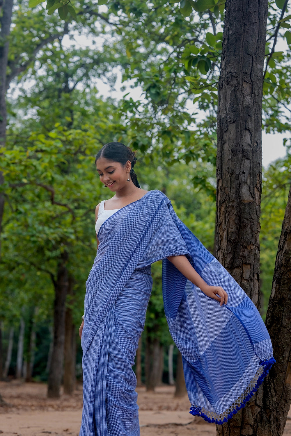 Handloom Blue Check Mul Cotton Saree