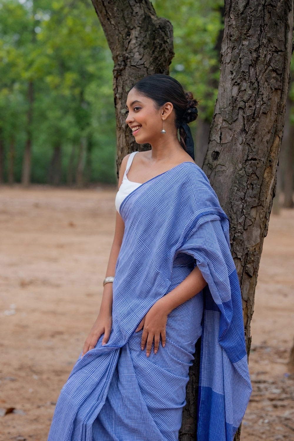 Handloom Blue Check Mul Cotton Saree